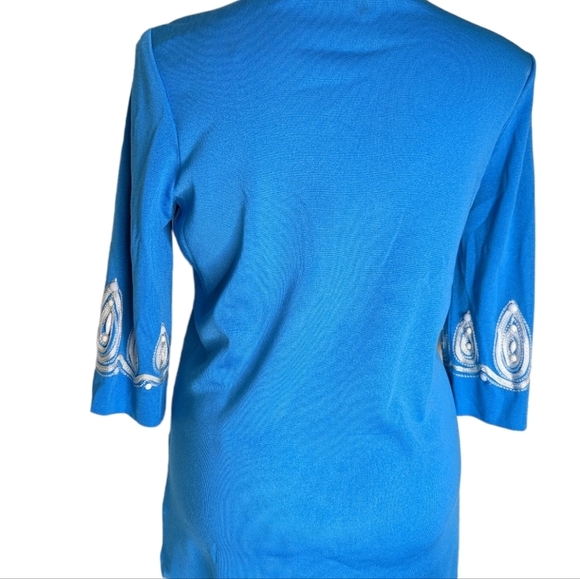 Ming Wang Beaded Embroidered Tunic Top 3/4 Sleeves Light Blue & White Size Large - Picture 7 of 9